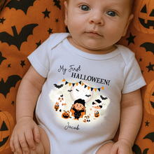 Load image into Gallery viewer, Personalised First Halloween Baby Vest My first Halloween Babygrow Pumpkin Baby's First Halloween Trick or Treat 1st Halloween Personalised Romper