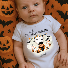 Load image into Gallery viewer, Personalised First Halloween Baby Vest My first Halloween Babygrow Pumpkin Baby's First Halloween Trick or Treat 1st Halloween Personalised Romper