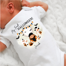 Load image into Gallery viewer, Personalised First Halloween Baby Vest My first Halloween Babygrow Pumpkin Baby's First Halloween Trick or Treat 1st Halloween Personalised Romper