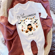 Load image into Gallery viewer, Personalised First Halloween Baby Vest My first Halloween Babygrow Pumpkin Baby's First Halloween Trick or Treat 1st Halloween Personalised Romper