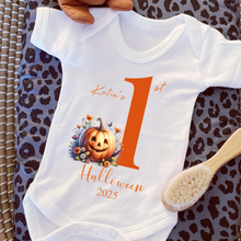 Load image into Gallery viewer, Personalised First Halloween Baby Vest My first Halloween Babygrow Pumpkin Baby's First Halloween Trick or Treat 1st Halloween Personalised Romper