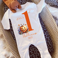 Load image into Gallery viewer, Personalised First Halloween Baby Vest My first Halloween Babygrow Pumpkin Baby's First Halloween Trick or Treat 1st Halloween Personalised Romper