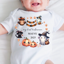 Load image into Gallery viewer, Personalised First Halloween Baby Vest My first Halloween Babygrow Pumpkin Baby's First Halloween Trick or Treat 1st Halloween Personalised Romper