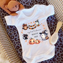 Load image into Gallery viewer, Personalised First Halloween Baby Vest My first Halloween Babygrow Pumpkin Baby's First Halloween Trick or Treat 1st Halloween Personalised Romper