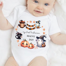 Load image into Gallery viewer, Personalised First Halloween Baby Vest My first Halloween Babygrow Pumpkin Baby's First Halloween Trick or Treat 1st Halloween Personalised Romper