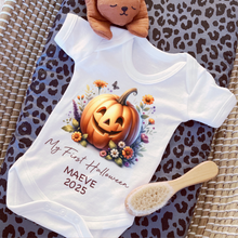 Load image into Gallery viewer, Personalised First Halloween Baby Vest My first Halloween Babygrow Pumpkin Baby's First Halloween Trick or Treat 1st Halloween Personalised Romper