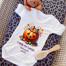 Load image into Gallery viewer, Personalised First Halloween Baby Vest My first Halloween Babygrow Pumpkin Baby's First Halloween Trick or Treat 1st Halloween Personalised Romper