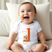 Load image into Gallery viewer, Personalised First Halloween Baby Vest My first Halloween Babygrow Pumpkin Baby's First Halloween Trick or Treat 1st Halloween Personalised Romper