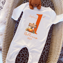 Load image into Gallery viewer, Personalised First Halloween Baby Vest My first Halloween Babygrow Pumpkin Baby's First Halloween Trick or Treat 1st Halloween Personalised Romper