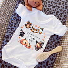 Load image into Gallery viewer, Personalised First Halloween Baby Vest My first Halloween Babygrow Pumpkin Baby's First Halloween Trick or Treat 1st Halloween Personalised Romper