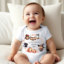 Load image into Gallery viewer, Personalised First Halloween Baby Vest My first Halloween Babygrow Pumpkin Baby's First Halloween Trick or Treat 1st Halloween Personalised Romper