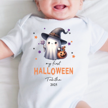 Load image into Gallery viewer, Personalised First Halloween Baby Vest My first Halloween Babygrow Pumpkin Baby's First Halloween Trick or Treat 1st Halloween Personalised Romper