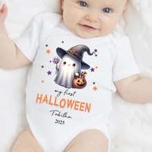 Load image into Gallery viewer, Personalised First Halloween Baby Vest My first Halloween Babygrow Pumpkin Baby's First Halloween Trick or Treat 1st Halloween Personalised Romper