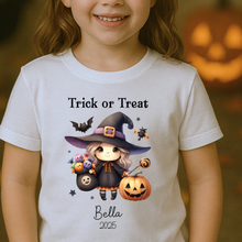 Load image into Gallery viewer, Personalised Halloween T-Shirt, Pumpkin Patch Tee, Custom Trick or Treat Tee, Spooky Tee, Too Cute to Spook, Boo Bag Gift, Girls Halloween Tee