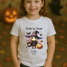 Load image into Gallery viewer, Personalised Halloween T-Shirt, Pumpkin Patch Tee, Custom Trick or Treat Tee, Spooky Tee, Too Cute to Spook, Boo Bag Gift, Girls Halloween Tee