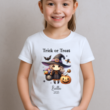 Load image into Gallery viewer, Personalised Halloween T-Shirt, Pumpkin Patch Tee, Custom Trick or Treat Tee, Spooky Tee, Too Cute to Spook, Boo Bag Gift, Girls Halloween Tee
