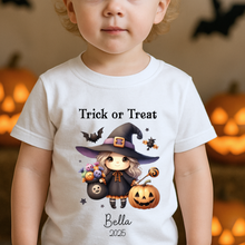 Load image into Gallery viewer, Personalised Halloween T-Shirt, Pumpkin Patch Tee, Custom Trick or Treat Tee, Spooky Tee, Too Cute to Spook, Boo Bag Gift, Girls Halloween Tee