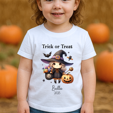 Load image into Gallery viewer, Personalised Halloween T-Shirt, Pumpkin Patch Tee, Custom Trick or Treat Tee, Spooky Tee, Too Cute to Spook, Boo Bag Gift, Girls Halloween Tee