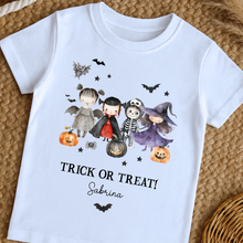 Load image into Gallery viewer, Personalised Halloween T-Shirt, Pumpkin Patch Tee, Custom Trick or Treat Tee, Spooky Tee, Too Cute to Spook, Boo Bag Gift, Girls Halloween Tee