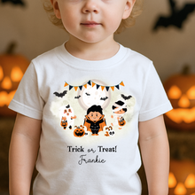Load image into Gallery viewer, Personalised Halloween T-Shirt, Pumpkin Patch Tee, Custom Trick or Treat Tee, Spooky Tee, Too Cute to Spook, Boo Bag Gift, Girls Halloween Tee