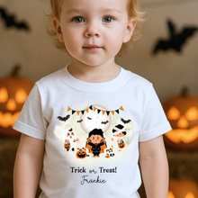 Load image into Gallery viewer, Personalised Halloween T-Shirt, Pumpkin Patch Tee, Custom Trick or Treat Tee, Spooky Tee, Too Cute to Spook, Boo Bag Gift, Girls Halloween Tee