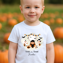 Load image into Gallery viewer, Personalised Halloween T-Shirt, Pumpkin Patch Tee, Custom Trick or Treat Tee, Spooky Tee, Too Cute to Spook, Boo Bag Gift, Girls Halloween Tee