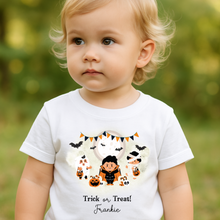 Load image into Gallery viewer, Personalised Halloween T-Shirt, Pumpkin Patch Tee, Custom Trick or Treat Tee, Spooky Tee, Too Cute to Spook, Boo Bag Gift, Girls Halloween Tee