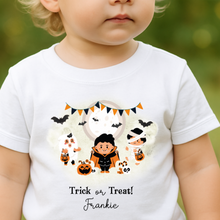 Load image into Gallery viewer, Personalised Halloween T-Shirt, Pumpkin Patch Tee, Custom Trick or Treat Tee, Spooky Tee, Too Cute to Spook, Boo Bag Gift, Girls Halloween Tee