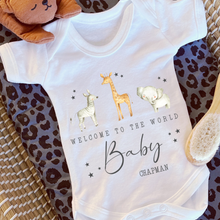 Load image into Gallery viewer, Welcome to the World Personalised Baby Sleepsuit/Babygrow with Safari Design Personalised Welcome to the World Baby Grow, Unisex Romper, Born in 2025 Sleepsuit, Safari baby Vest, Going home outfit, New baby Keepsake