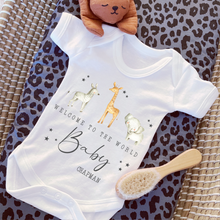 Load image into Gallery viewer, Welcome to the World Personalised Baby Sleepsuit/Babygrow with Safari Design Personalised Welcome to the World Baby Grow, Unisex Romper, Born in 2025 Sleepsuit, Safari baby Vest, Going home outfit, New baby Keepsake