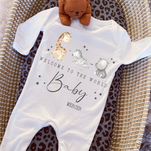 Load image into Gallery viewer, Welcome to the World Personalised Baby Sleepsuit/Babygrow with Safari Design Personalised Welcome to the World Baby Grow, Unisex Romper, Born in 2025 Sleepsuit, Safari baby Vest, Going home outfit, New baby Keepsake