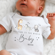 Load image into Gallery viewer, Welcome to the World Personalised Baby Sleepsuit/Babygrow with Safari Design Personalised Welcome to the World Baby Grow, Unisex Romper, Born in 2025 Sleepsuit, Safari baby Vest, Going home outfit, New baby Keepsake