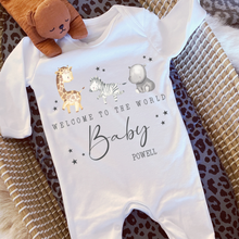 Load image into Gallery viewer, Welcome to the World Personalised Baby Sleepsuit/Babygrow with Safari Design Personalised Welcome to the World Baby Grow, Unisex Romper, Born in 2025 Sleepsuit, Safari baby Vest, Going home outfit, New baby Keepsake