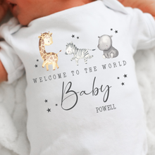 Load image into Gallery viewer, Welcome to the World Personalised Baby Sleepsuit/Babygrow with Safari Design Personalised Welcome to the World Baby Grow, Unisex Romper, Born in 2025 Sleepsuit, Safari baby Vest, Going home outfit, New baby Keepsake