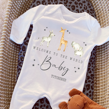Load image into Gallery viewer, Welcome to the World Personalised Baby Sleepsuit/Babygrow with Safari Design Personalised Welcome to the World Baby Grow, Unisex Romper, Born in 2025 Sleepsuit, Safari baby Vest, Going home outfit, New baby Keepsake