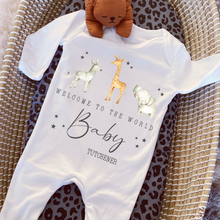 Load image into Gallery viewer, Welcome to the World Personalised Baby Sleepsuit/Babygrow with Safari Design Personalised Welcome to the World Baby Grow, Unisex Romper, Born in 2025 Sleepsuit, Safari baby Vest, Going home outfit, New baby Keepsake