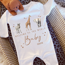 Load image into Gallery viewer, Welcome to the World Personalised Baby Sleepsuit/Babygrow with Safari Design Personalised Welcome to the World Baby Grow, Unisex Romper, Born in 2025 Sleepsuit, Safari baby Vest, Going home outfit, New baby Keepsake