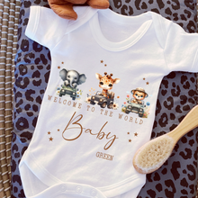 Load image into Gallery viewer, Welcome to the World Personalised Baby Sleepsuit/Babygrow with Safari Design Personalised Welcome to the World Baby Grow, Unisex Romper, Born in 2025 Sleepsuit, Safari baby Vest, Going home outfit, New baby Keepsake