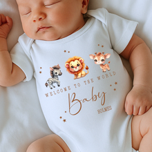 Load image into Gallery viewer, Welcome to the World Personalised Baby Sleepsuit/Babygrow with Safari Design Personalised Welcome to the World Baby Grow, Unisex Romper, Born in 2025 Sleepsuit, Safari baby Vest, Going home outfit, New baby Keepsake