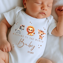 Load image into Gallery viewer, Welcome to the World Personalised Baby Sleepsuit/Babygrow with Safari Design Personalised Welcome to the World Baby Grow, Unisex Romper, Born in 2025 Sleepsuit, Safari baby Vest, Going home outfit, New baby Keepsake