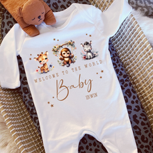 Load image into Gallery viewer, Welcome to the World Personalised Baby Sleepsuit/Babygrow with Safari Design Personalised Welcome to the World Baby Grow, Unisex Romper, Born in 2025 Sleepsuit, Safari baby Vest, Going home outfit, New baby Keepsake