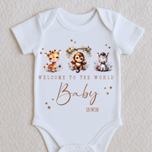 Load image into Gallery viewer, Welcome to the World Personalised Baby Sleepsuit/Babygrow with Safari Design Personalised Welcome to the World Baby Grow, Unisex Romper, Born in 2025 Sleepsuit, Safari baby Vest, Going home outfit, New baby Keepsake