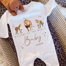 Load image into Gallery viewer, Welcome to the World Personalised Baby Sleepsuit/Babygrow with Safari Design Personalised Welcome to the World Baby Grow, Unisex Romper, Born in 2025 Sleepsuit, Safari baby Vest, Going home outfit, New baby Keepsake