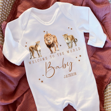 Load image into Gallery viewer, Welcome to the World Personalised Baby Sleepsuit/Babygrow with Safari Design Personalised Welcome to the World Baby Grow, Unisex Romper, Born in 2025 Sleepsuit, Safari baby Vest, Going home outfit, New baby Keepsake