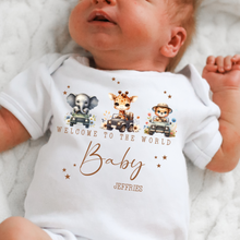 Load image into Gallery viewer, Welcome to the World Personalised Baby Sleepsuit/Babygrow with Safari Design Personalised Welcome to the World Baby Grow, Unisex Romper, Born in 2025 Sleepsuit, Safari baby Vest, Going home outfit, New baby Keepsake