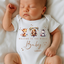 Load image into Gallery viewer, Welcome to the World Personalised Baby Sleepsuit/Babygrow with Safari Design Personalised Welcome to the World Baby Grow, Unisex Romper, Born in 2025 Sleepsuit, Safari baby Vest, Going home outfit, New baby Keepsake