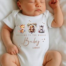 Load image into Gallery viewer, Welcome to the World Personalised Baby Sleepsuit/Babygrow with Safari Design Personalised Welcome to the World Baby Grow, Unisex Romper, Born in 2025 Sleepsuit, Safari baby Vest, Going home outfit, New baby Keepsake