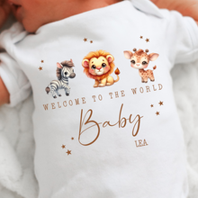 Load image into Gallery viewer, Welcome to the World Personalised Baby Sleepsuit/Babygrow with Safari Design Personalised Welcome to the World Baby Grow, Unisex Romper, Born in 2025 Sleepsuit, Safari baby Vest, Going home outfit, New baby Keepsake