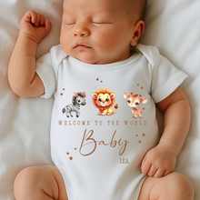 Load image into Gallery viewer, Welcome to the World Personalised Baby Sleepsuit/Babygrow with Safari Design Personalised Welcome to the World Baby Grow, Unisex Romper, Born in 2025 Sleepsuit, Safari baby Vest, Going home outfit, New baby Keepsake