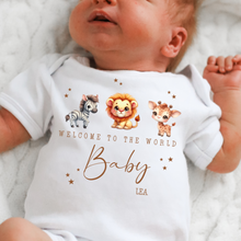 Load image into Gallery viewer, Welcome to the World Personalised Baby Sleepsuit/Babygrow with Safari Design Personalised Welcome to the World Baby Grow, Unisex Romper, Born in 2025 Sleepsuit, Safari baby Vest, Going home outfit, New baby Keepsake